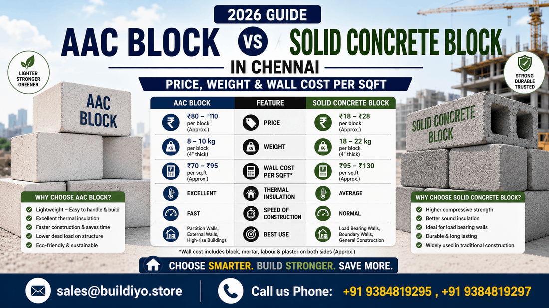 AAC Block vs Solid Concrete Block Chennai — Price, Weight & Wall Cost per sqft (2026)