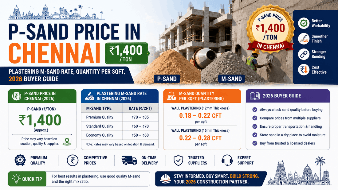 P-Sand Price in Chennai (₹1,400/Ton) — Plastering M-Sand Rate, Quantity per sqft, 2026 Buyer Guide