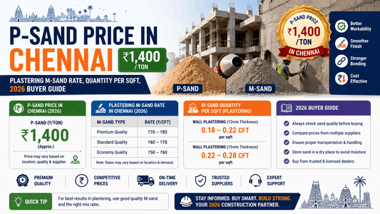 P-Sand Price in Chennai (₹1,400/Ton) — Plastering M-Sand Rate, Quantity per sqft, 2026 Buyer Guide