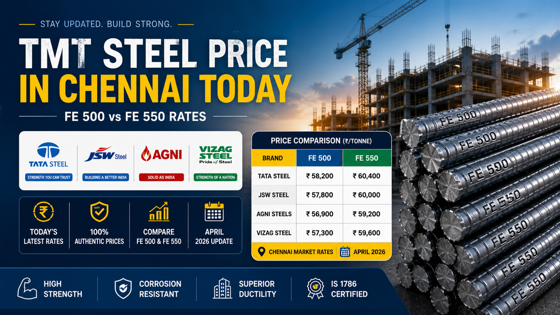 TMT Steel Price in Chennai Today — Fe 500 vs Fe 550 Rates for Tata, JSW, Agni, Vizag April 2026