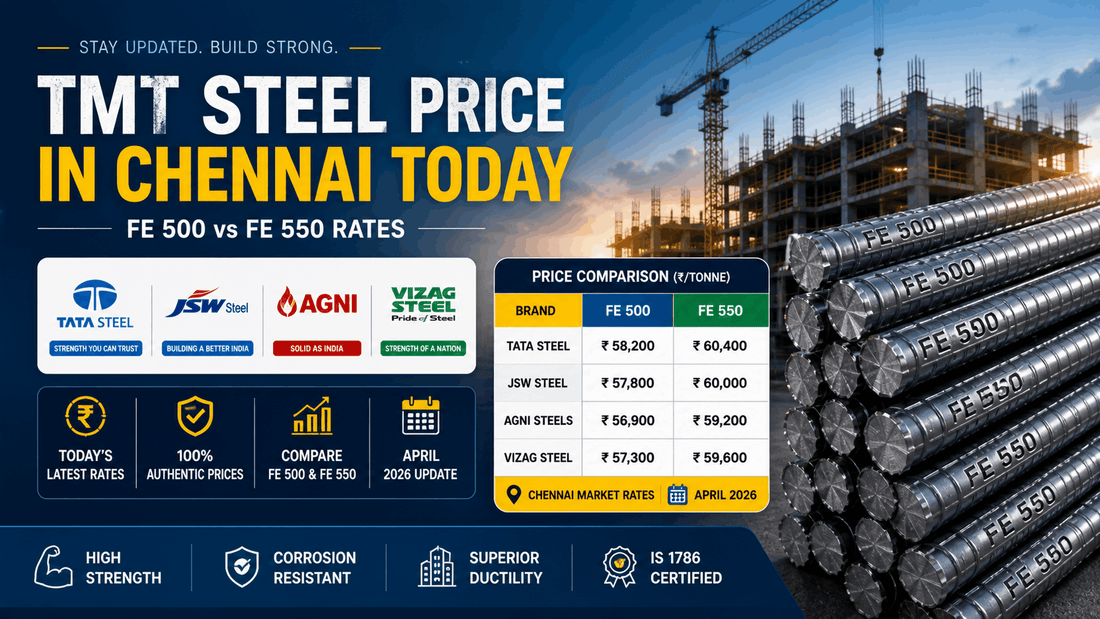 TMT Steel Price in Chennai Today — Fe 500 vs Fe 550 Rates for Tata, JSW, Agni, Vizag April 2026